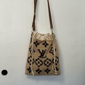 Brown and Cream Designer Drawstring Bag